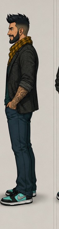 Chino, street style, profile view, Ghostweave blazer, mustard-black check scarf, teal Nikes